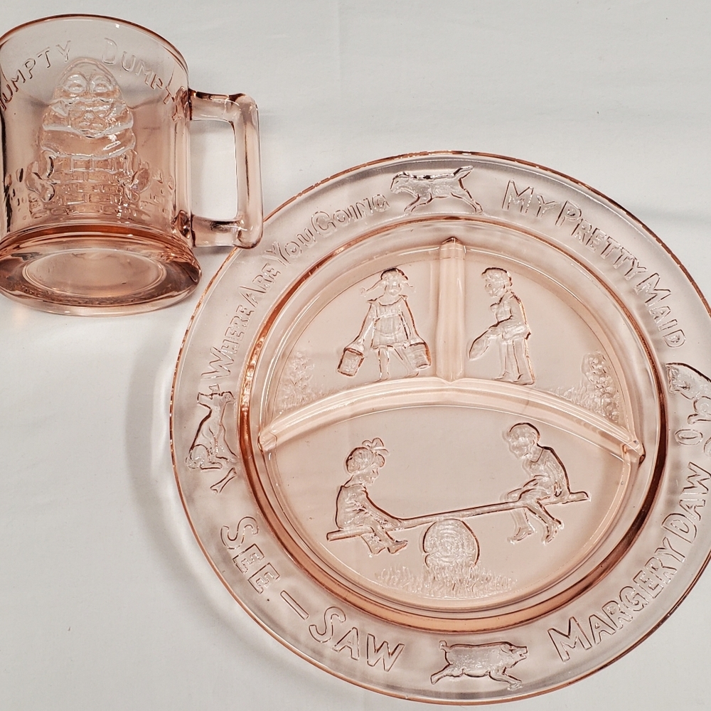 VTG Pink Depression glass nursery rhyme set